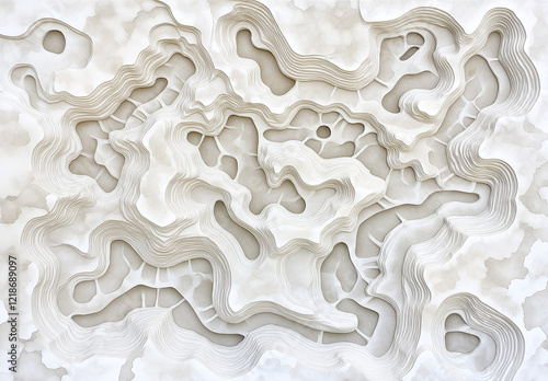 A top-down view of an ice surface with intricate patterns and shapes, resembling the map outlines in cartography. The icy textures and details create an abstract representation of terrain features. photo