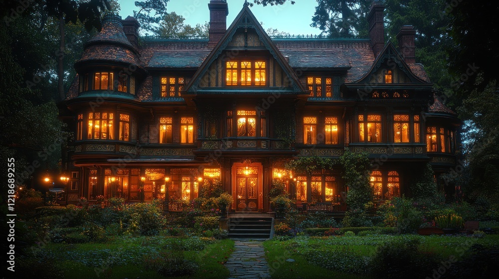 Obraz premium Illuminated Victorian mansion, night, garden, autumn