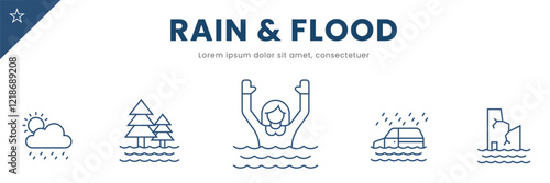 Rain and Flood Disaster Line Icons