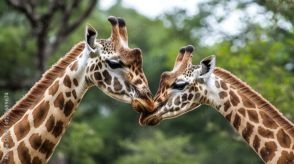 Love.Two giraffes are standing close to each other, one of which is licking the other Love.Two giraffes are standing close to each other, one of which is licking the other