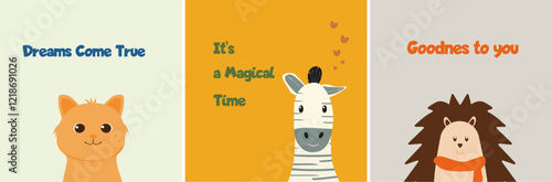 Children's magic posters with fabulous animals. A cat, a giraffe and a hedgehog. Vector illustration
