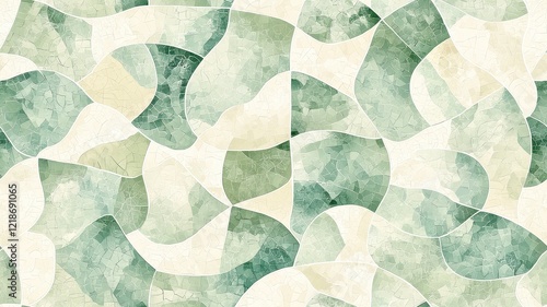 Mosaic tiles  Japanese washi concept. A textured abstract pattern featuring overlapping shapes in shades of green and cream, creating a harmonious design.