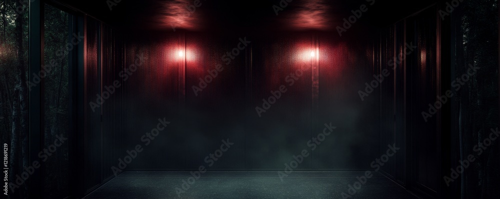 Dark Room with Red Lights Moody, Atmospheric Composition, 3D Render, Textured Walls, Forest View, Dark Ambiance Dark Room, 3D Render Dark Room with Red Lights Moody, Atmospheric Composition, 3D Render, Textured Walls, Forest View, Dark Ambiance Dark Room, 3D Render