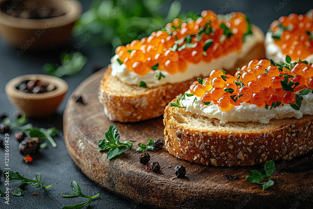 Top view, close-up, wooden board with three toasts topped with red caviar, cream cheese, herbs and pepper. Image suitable for gourmet food blogs, culinary magazines and restaurant menus Top view, close-up, wooden board with three toasts topped with red caviar, cream cheese, herbs and pepper. Image suitable for gourmet food blogs, culinary magazines and restaurant menus