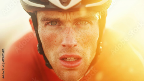 Determined caucasian young man cyclist with intense focus during sunset, focusing on competitive and challenging ride
