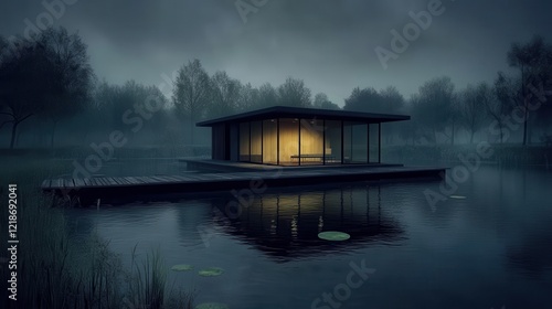 Modern Glass House on a Misty Lake at Night