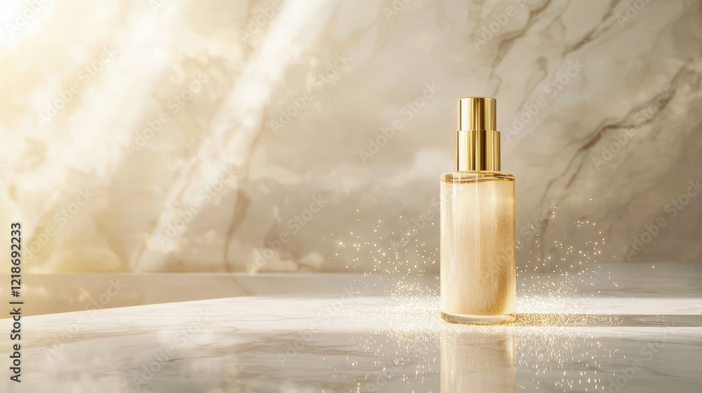 Naklejka premium A luxurious skincare serum bottle with a sleek design, its golden liquid glowing elegantly. Set against a smooth marble surface, soft glowing particles float around
