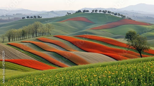 Rolling Hills Landscape With Orange And Green Fields