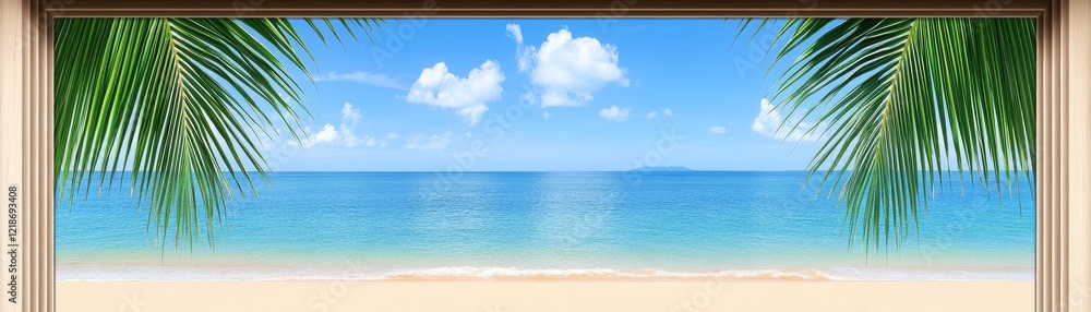 Tropical Beach View from Wooden Frame Palm Leaves, Ocean, Sand, Sky, Composition, Image, Concept Tropical Beach View from Wooden Frame Palm Leaves, Ocean, Sand, Sky, Composition, Image, Concept