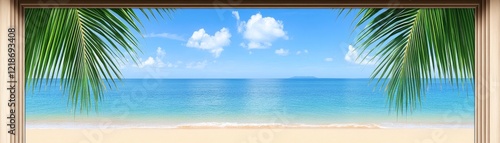Wallpaper Mural Tropical Beach View from Wooden Frame Palm Leaves, Ocean, Sand, Sky, Composition, Image, Concept Torontodigital.ca