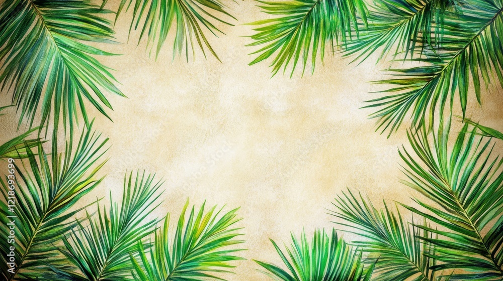 Obraz premium Watercolor Palm Fronds Frame on Beige, Tropical Botanical Illustration, Palm Leaves Border, Beige Background Palm leaves, watercolor painting