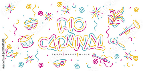 Rio Carnival new handwriten line design typography party dance music elements. Mask drums rattles guitar fanfare crown tiara flags ribbons sparkle firework confetti on white background