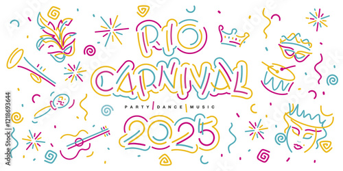 Rio Carnival 2025 new handwriten line design typography party dance music elements. Mask drums rattles guitar fanfare crown tiara flags ribbons sparkle firework confetti on white background