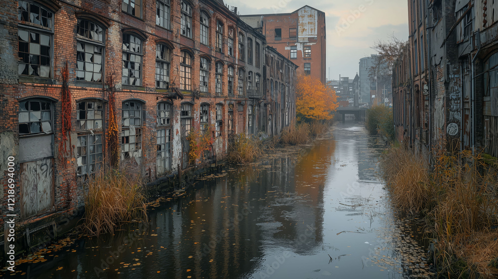 Fototapeta premium Abandoned Industrial District by Still Waterway