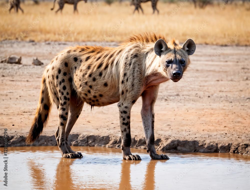 A solitary hyena rests by the waterhole in the sun-baked savanna A solitary hyena rests by the waterhole in the sun-baked savanna