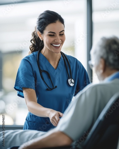 The doctor performs an annual health check for the elderly. With a good posture and a bright smile - 1
