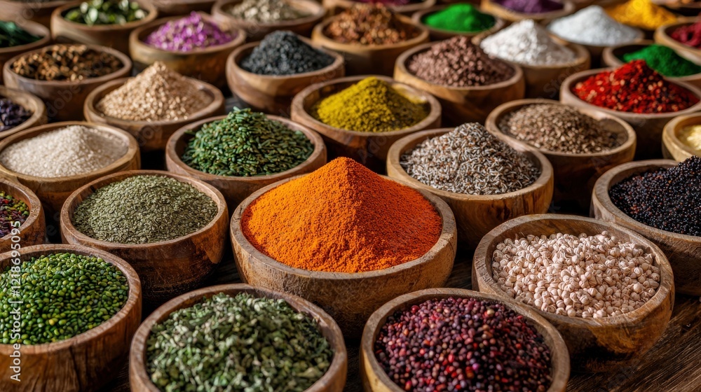 Vibrant Collection of Spices in Wooden Bowls Displaying Diverse Textures and Colors on Rustic Wooden Surface Vibrant Collection of Spices in Wooden Bowls Displaying Diverse Textures and Colors on Rustic Wooden Surface
