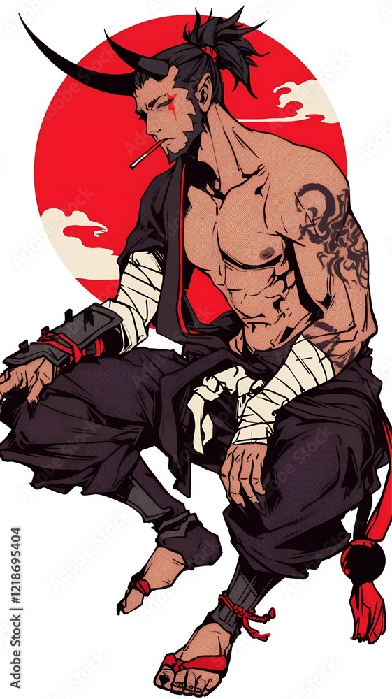 Horned Warrior Meditating at Sunset, Anime Style Concept Horned Warrior Meditating at Sunset, Anime Style Concept