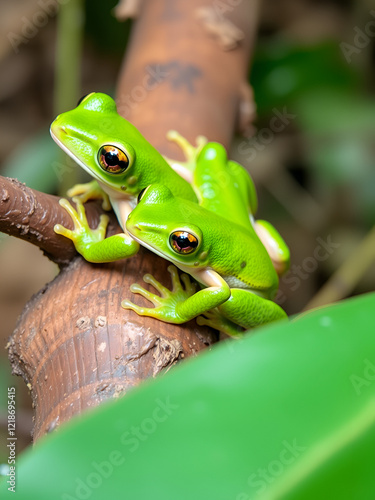 Two Peacock tree frogs (Leptopelis vermiculatus) also known as Amani forest treefrog, or vermiculated tree trog, are species of frog found in forest areas in Tanzania. photo