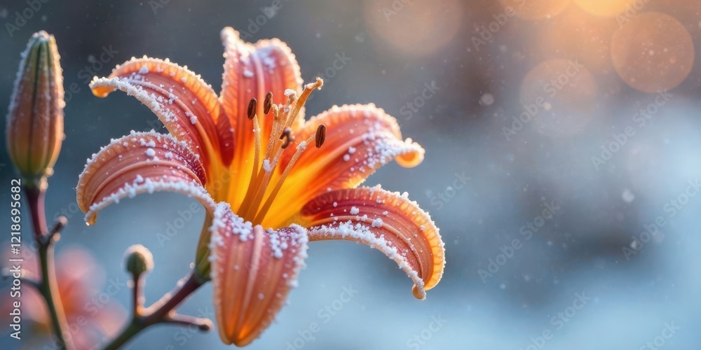 Fototapeta premium A delicate orange lily blossom, dusted with a light snowfall, stands resilient against a soft-focus background, showcasing the beauty of nature's contrast.