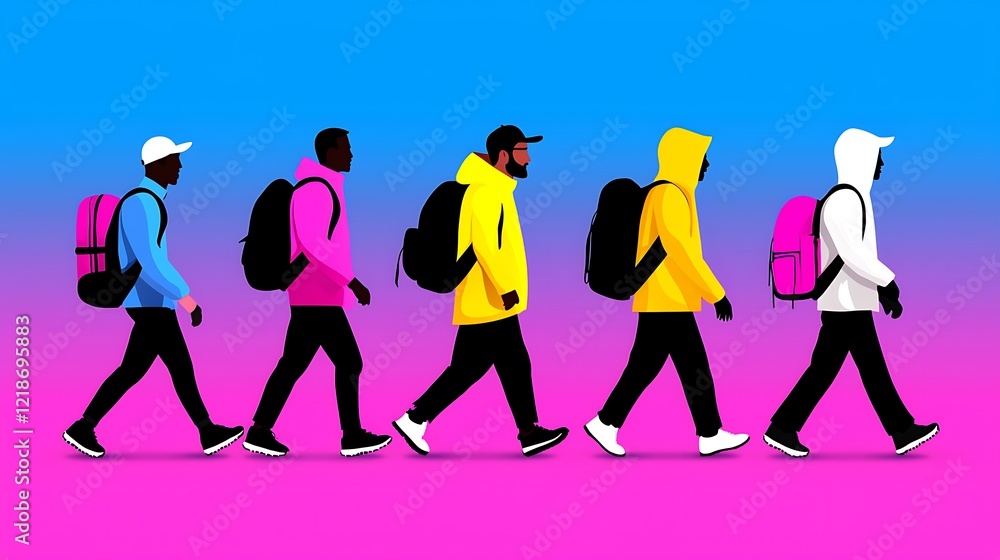 Diverse Group of People Walking with Backpacks A Pixel Art Illustration Diverse Group of People Walking with Backpacks A Pixel Art Illustration