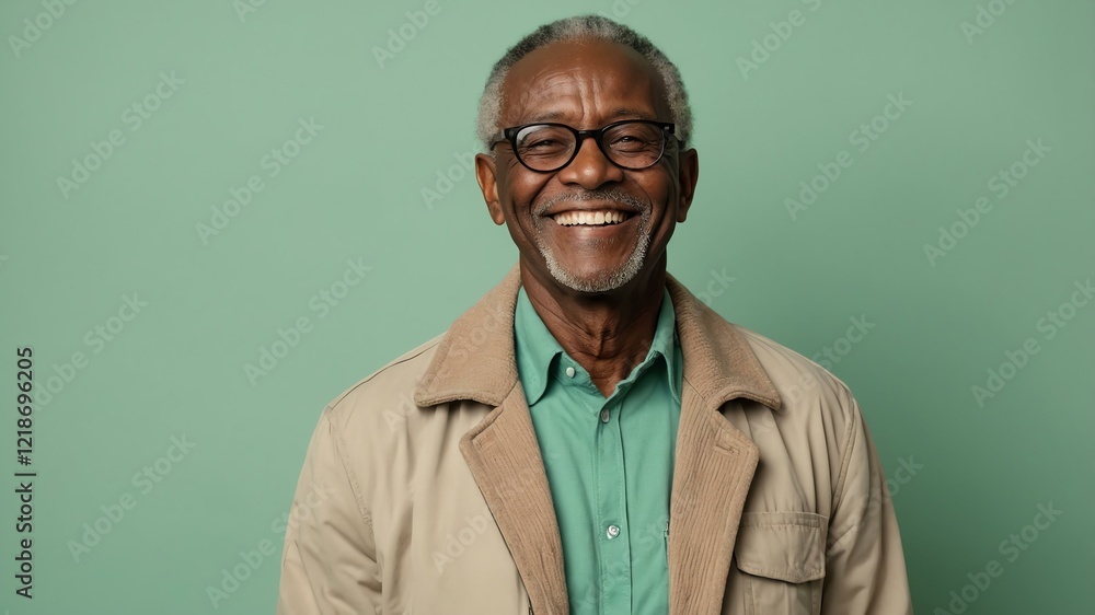 Obraz premium elderly african male in casual wear on pastel color background model portrait smiling for ad concept space for text