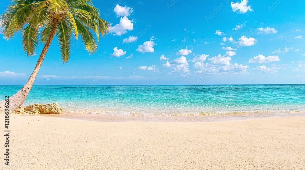 Fototapeta premium Serene Tropical Beach With Palm Tree And Azure Waters