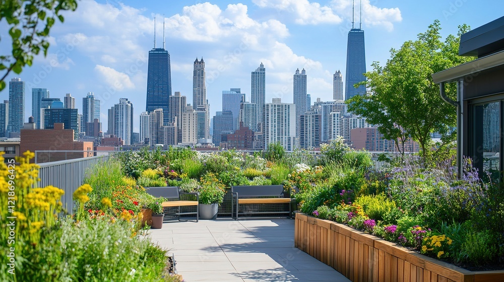 Obraz premium Outdoor space aesthetic urban green rooftop garden with potted plants chicago skyline