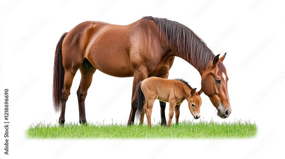 Obraz premium A Brown Mare and Her Foal in a Lush Green Pasture