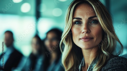 Wallpaper Mural Confident Businesswoman Portrait in Modern Office Setting with Blurred Colleagues in Background Torontodigital.ca
