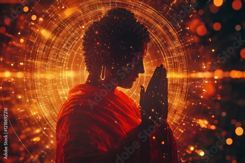 Buddha silhouette in prayer surrounded by glowing particles at dusk photo