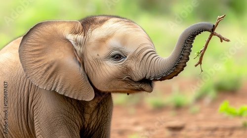 Adorable Baby Elephant Calf Playing with Branch in African Savanna photo