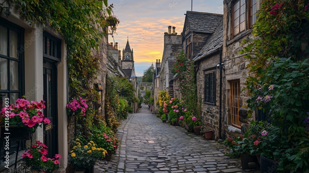 Naklejka premium Charming Cobblestone Alley with Colorful Flowers at Sunset