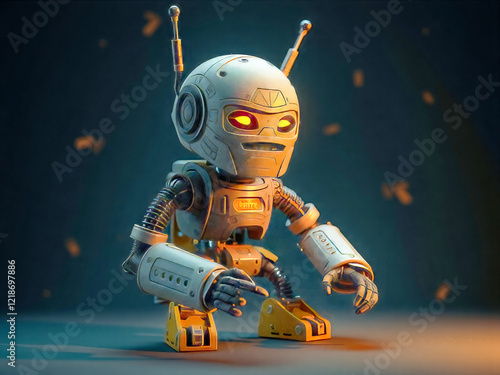 A robot with yellow legs and red eyes. The robot is sitting on the ground. The robot is made of metal and has a robotic appearance