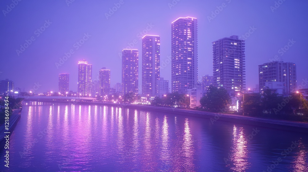 Fototapeta premium Misty canal city lights at dusk