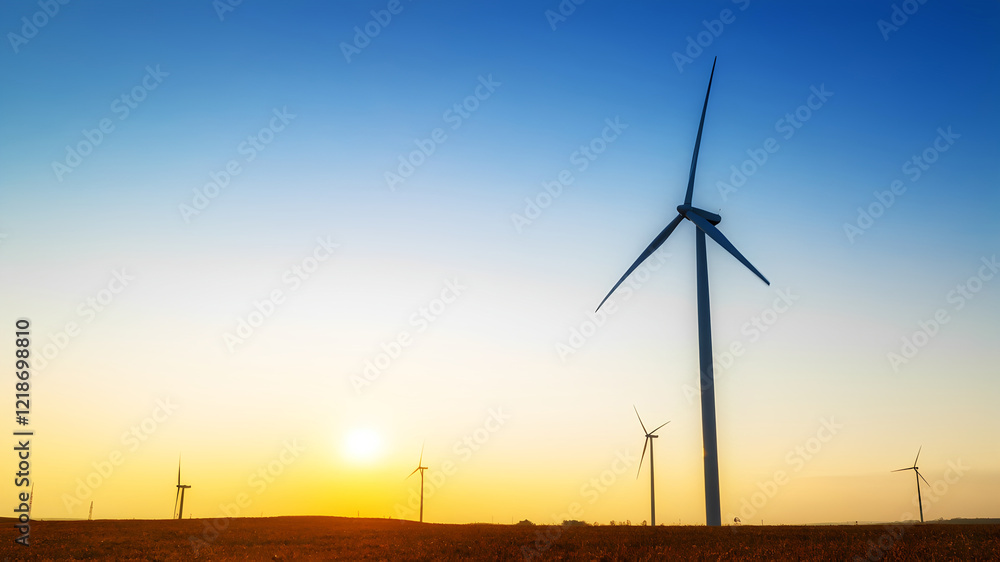 Obraz premium A wind farm on a sunny day with turbines spinning.