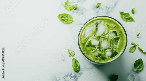 Wallpaper Mural On a marble table, the iced matcha latte glows with its layered green and white hues, while the ice cubes glisten, inviting a cooling sip. Torontodigital.ca