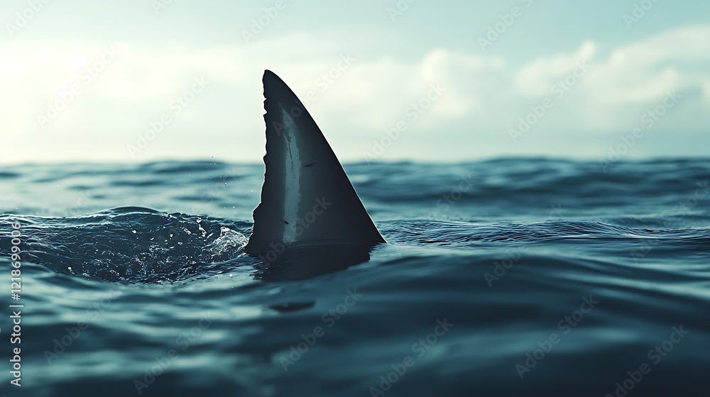 Fototapeta premium A shark fin emerges above the ocean surface, hinting at the presence of the predator beneath.