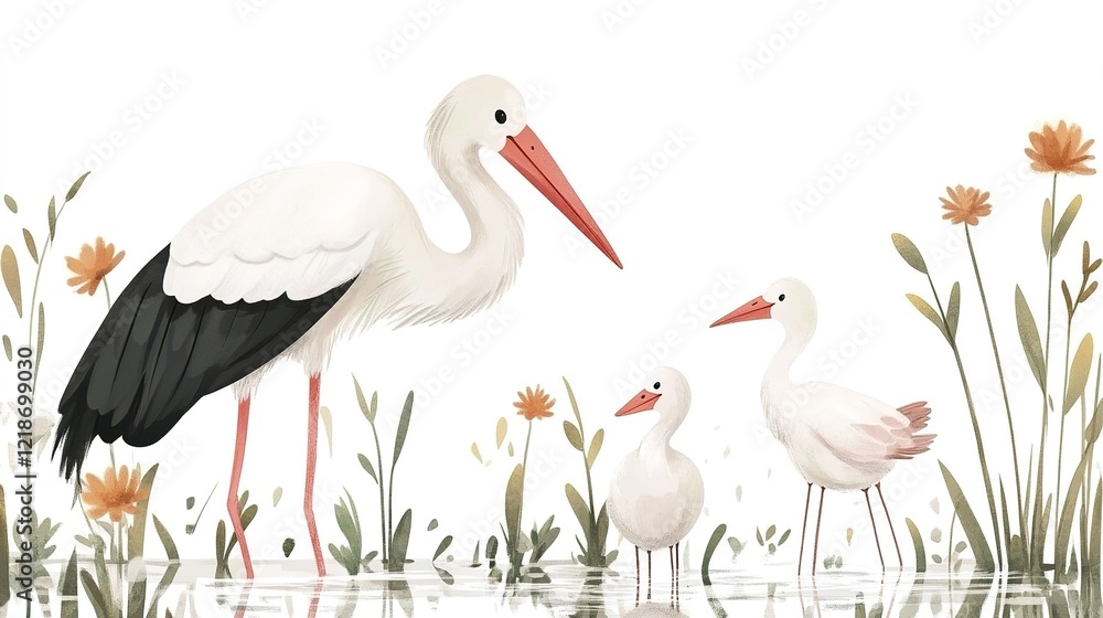 Fototapeta premium Adorable stork illustration, a charming waterfowl bird on a clean white background