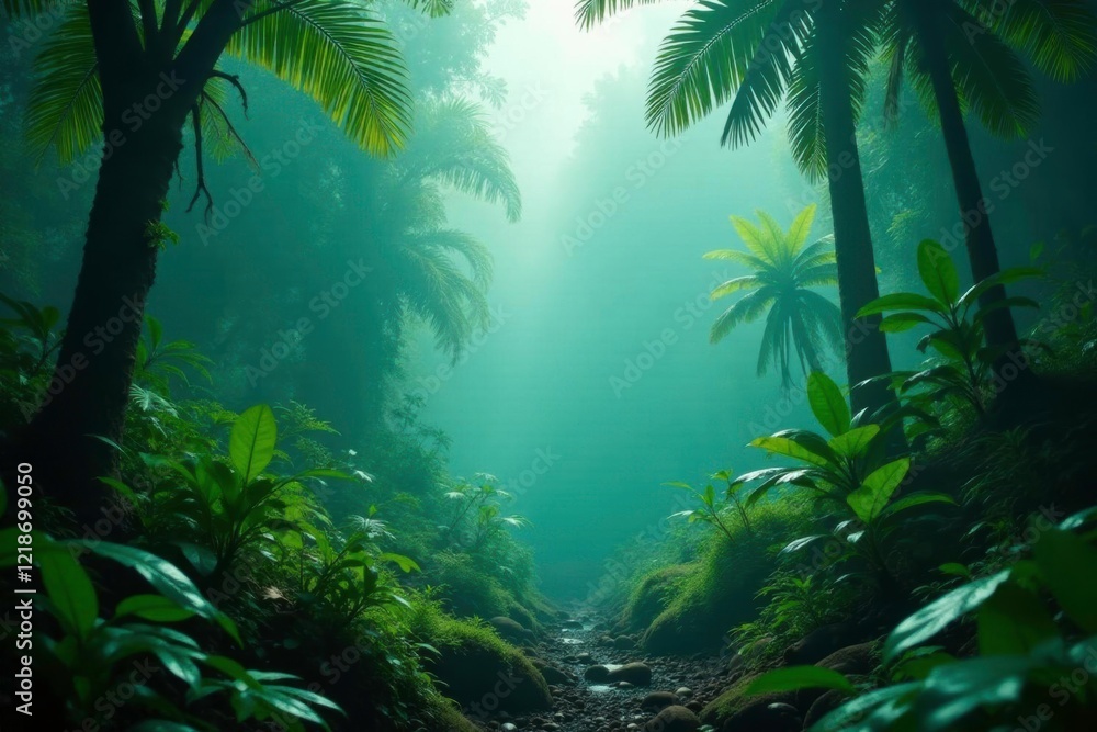 A dense jungle with exotic plants and a misty atmosphere, wild nature, tropical vegetation A dense jungle with exotic plants and a misty atmosphere, wild nature, tropical vegetation