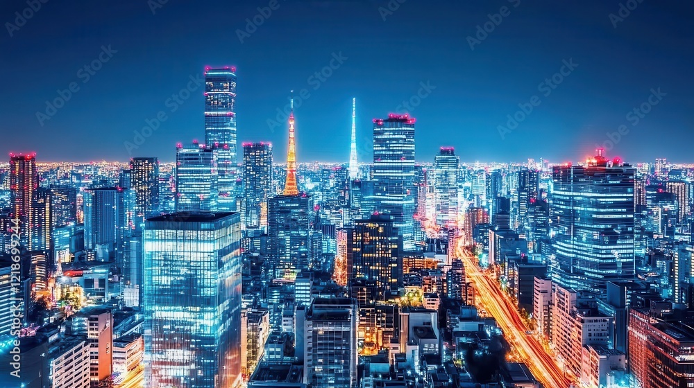 Nighttime Tokyo Skyline Cityscape Illuminates Towers Nighttime Tokyo Skyline Cityscape Illuminates Towers