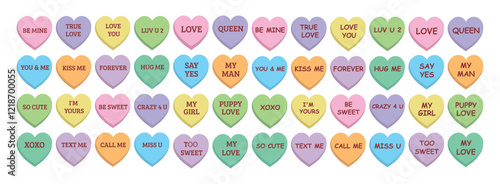 Sweet heart candy. Conversation sweets. Set of colorful сonversation hearts with different saying for Valentine's Day. Sweetheart candies. Sweet heart candy isolated on white background