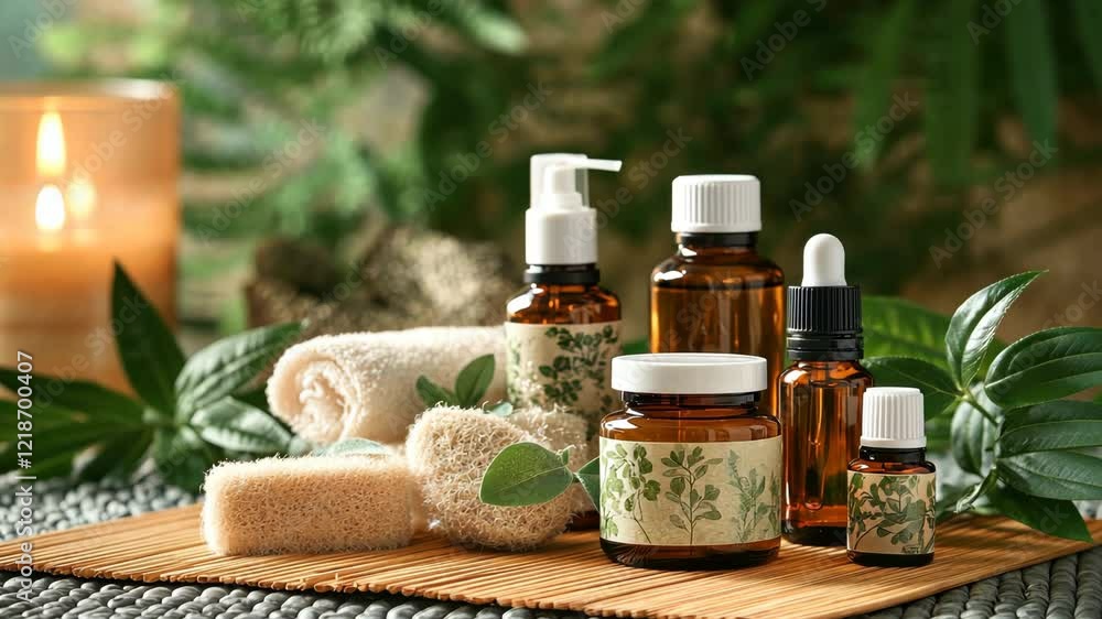 Aromatherapy essential oils and natural spa products arranged on a bamboo mat with a lit candle and greenery in the background. Aromatherapy essential oils and natural spa products arranged on a bamboo mat with a lit candle and greenery in the background.