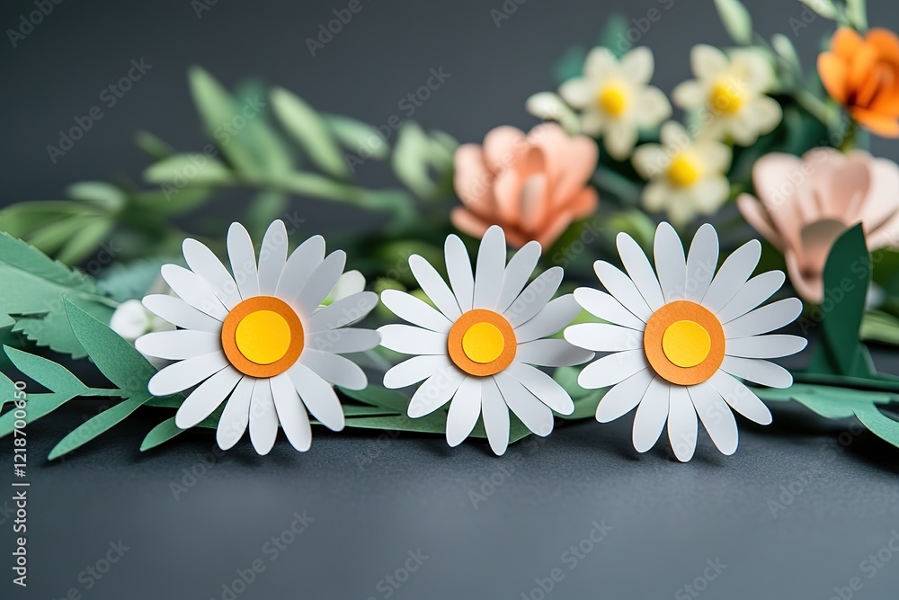 Obraz premium Colorful Paper Flowers Arrangement on a Gray Background