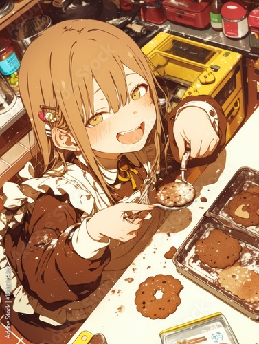Happy Anime Girl Baking Delicious Cookies In Kitchen