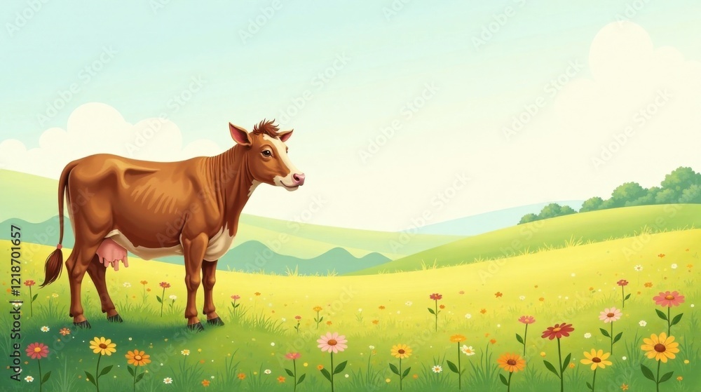 A Gentle Brown Cow Grazes in a Serene Meadow, Surrounded by Vibrant Wildflowers Under a Tranquil Sky A Gentle Brown Cow Grazes in a Serene Meadow, Surrounded by Vibrant Wildflowers Under a Tranquil Sky