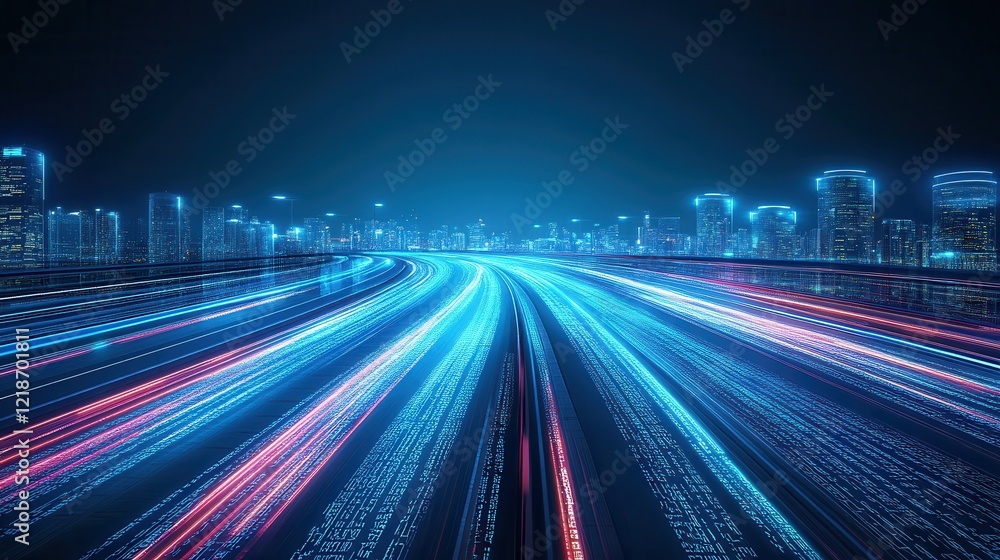 Fototapeta premium Futuristic Cityscape Highway Illuminated With Digital Code Streams