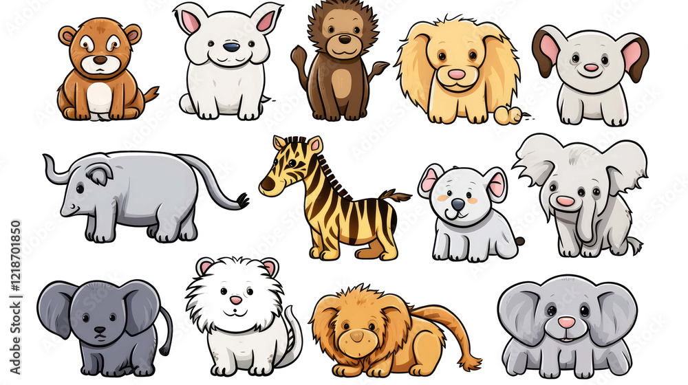 Fototapeta premium Cute cartoon animals collection isolated PNG with Transparent Background