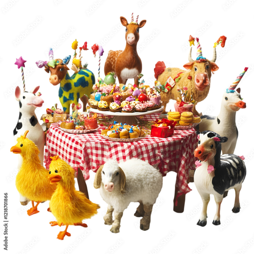 Obraz premium scene with farm animals dancing around a table filled with treats isolated on white background 