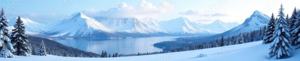A dense layer of snow covering the mountain ridges and peaks in Alaska, snow, cold weather, evergreen trees A dense layer of snow covering the mountain ridges and peaks in Alaska, snow, cold weather, evergreen trees